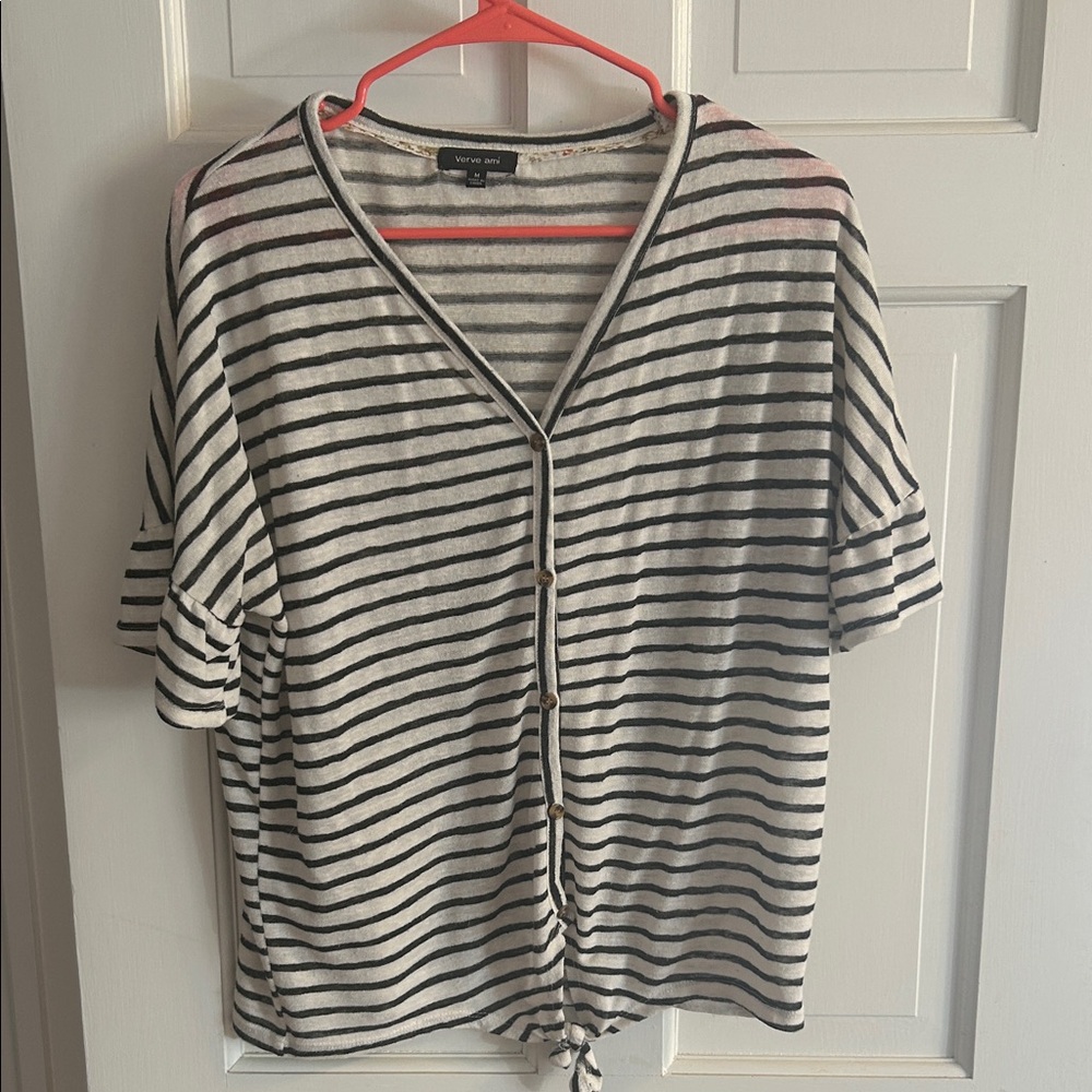 Verve Ami Black and White Striped Button-Down Shirt
